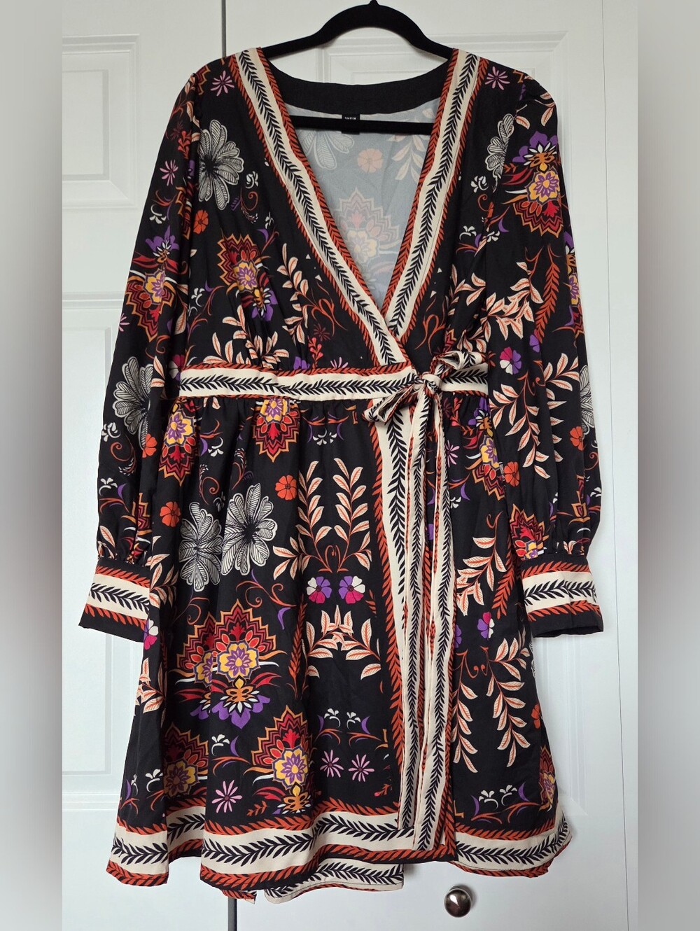 Floral Wrap Dress with Tie Waist - Black Multi
